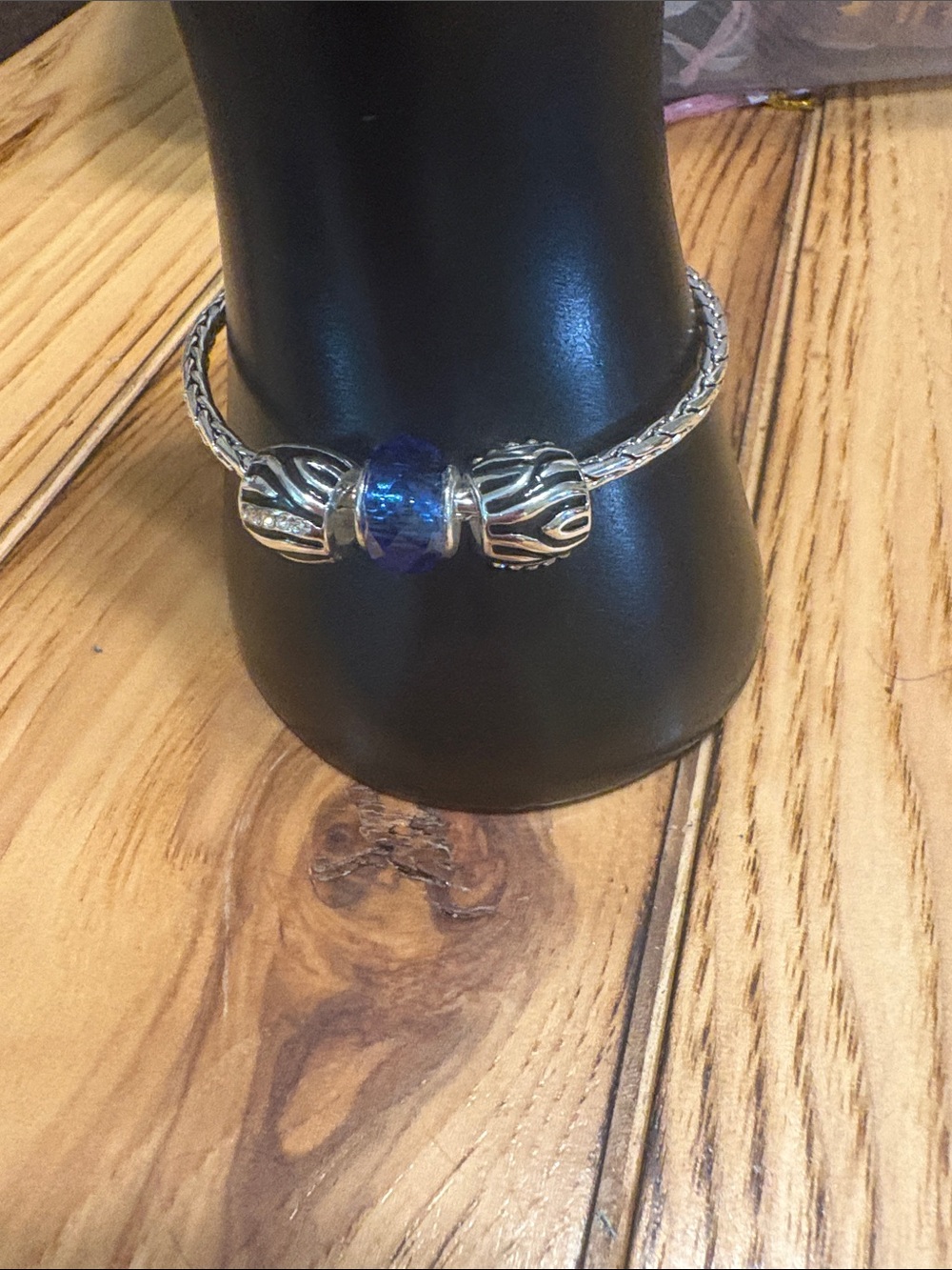 DaVinci Silver-Tone Bangle with Royal Blue Faceted Center Bead